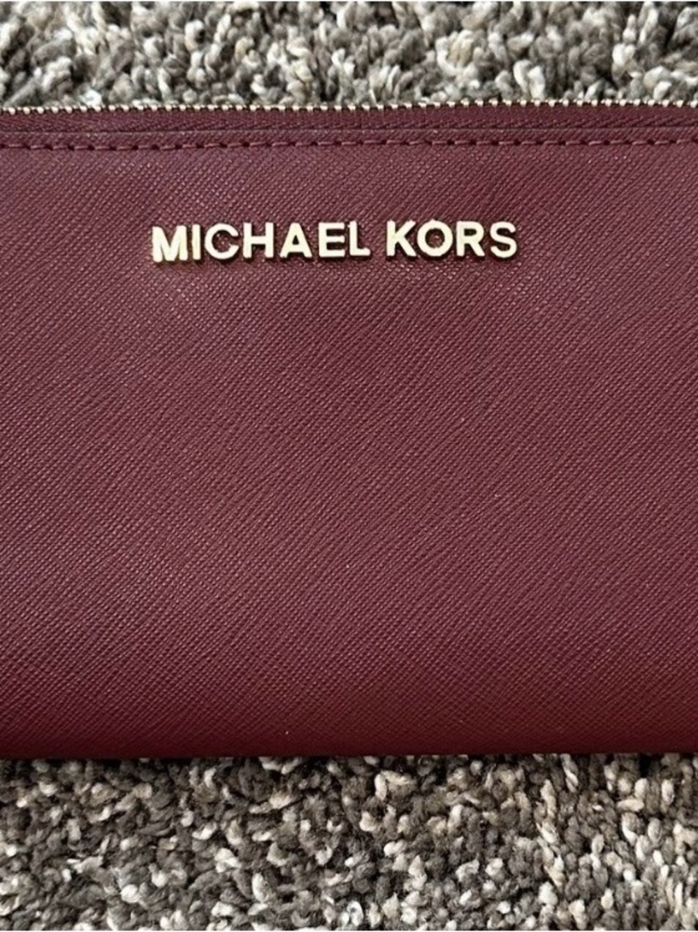 Michael Kors Wine Saffiano Leather Zip Wallet with Gold Logo